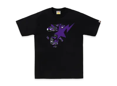 A BATHING APE Glitch Woodland Camo Ape Face Sta Tee "Black/Purple"