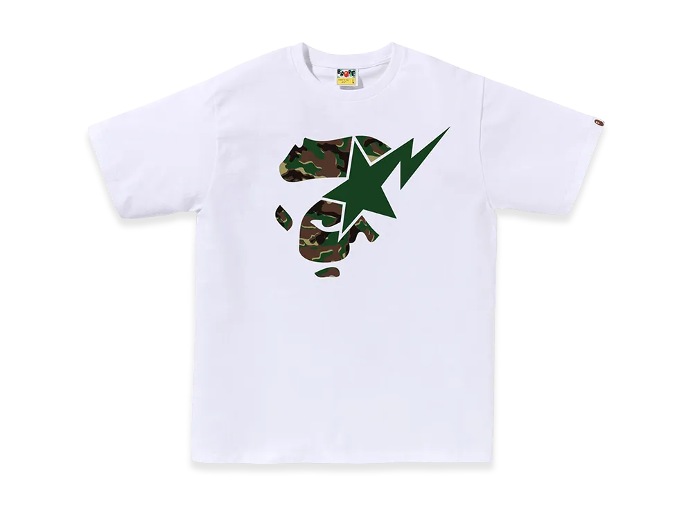 A BATHING APE Glitch Woodland Camo Ape Face Sta Tee "White/Green"