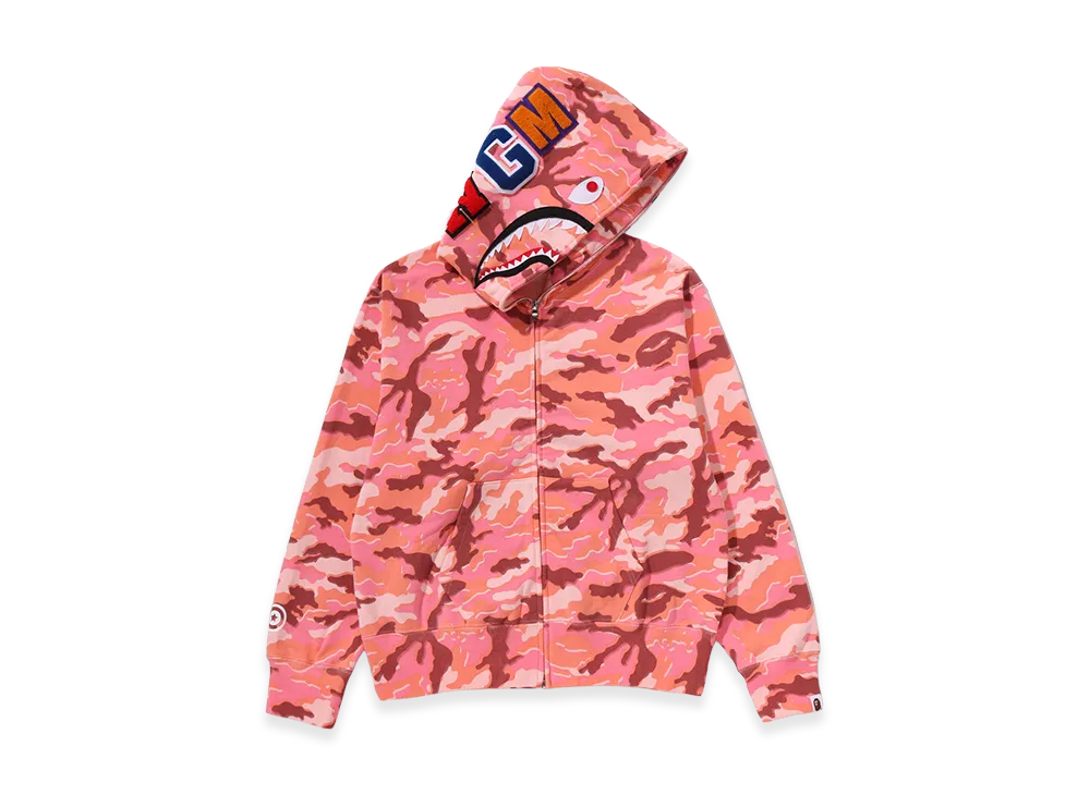 A BATHING APE Women's Glitch Woodland Camo Shark Full Zip Hoodie "Pink"