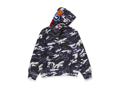 A BATHING APE Women's Glitch Woodland Camo Shark Full Zip Hoodie "Purple"