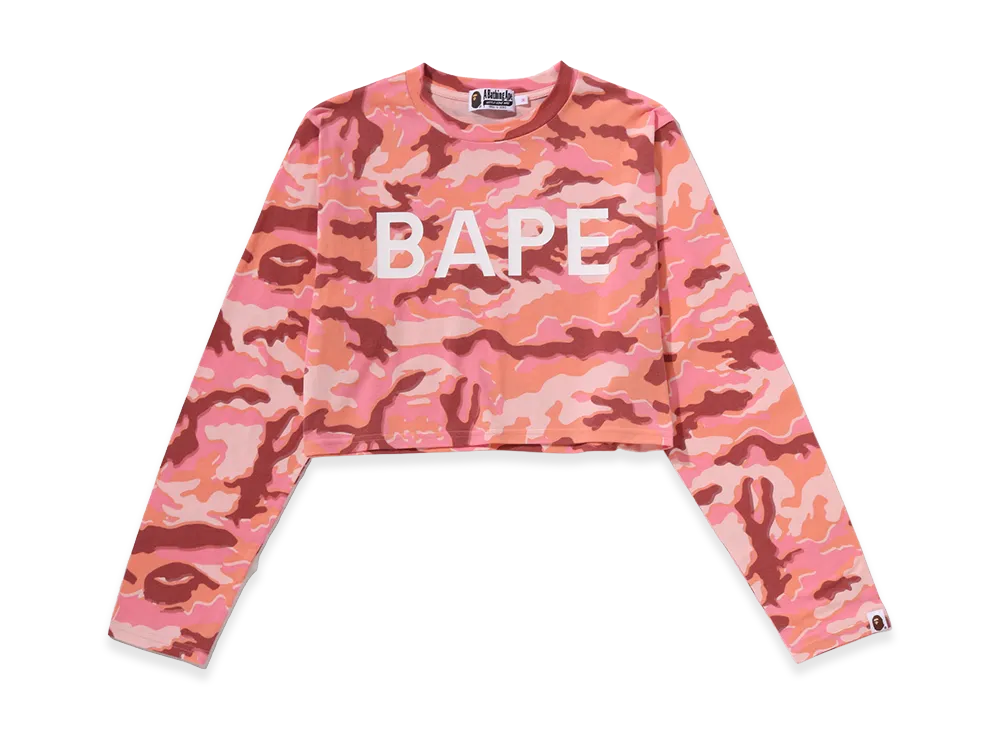 A BATHING APE Women's Glitch Woodland Camo Bape Cropped L/S Tee "Pink"