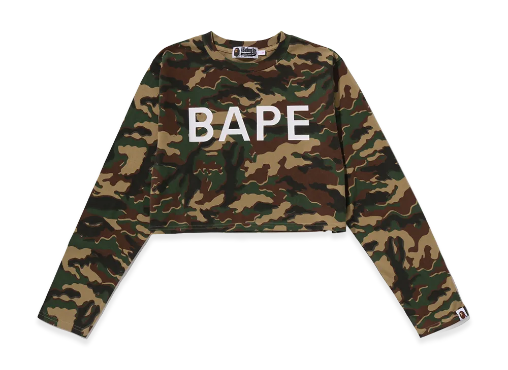 A BATHING APE Women's Glitch Woodland Camo Bape Cropped L/S Tee "Olive Drab"