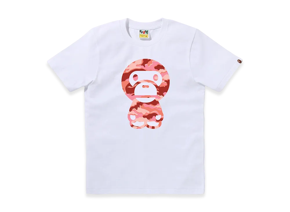 A BATHING APE Women's Glitch Woodland Camo Big Baby Miro Tee "White/Pink"