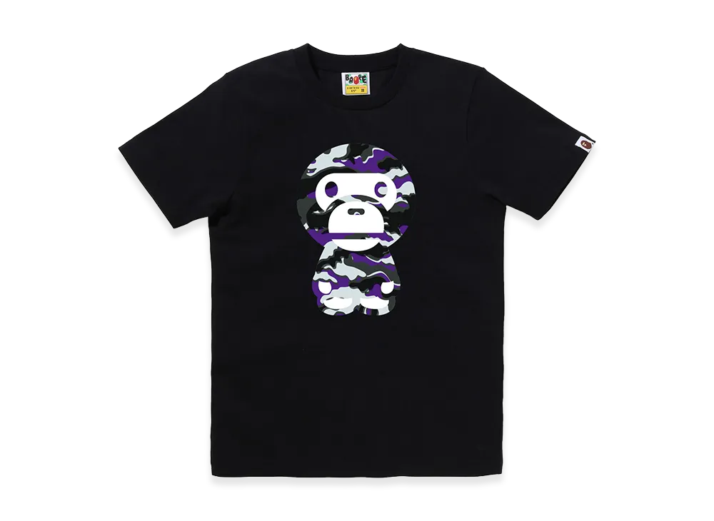 A BATHING APE Women's Glitch Woodland Camo Big Baby Miro Tee "Black/Purple"