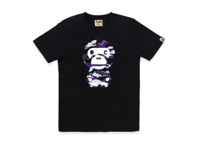 A BATHING APE Women's Glitch Woodland Camo Big Baby Miro Tee "Black/Purple"