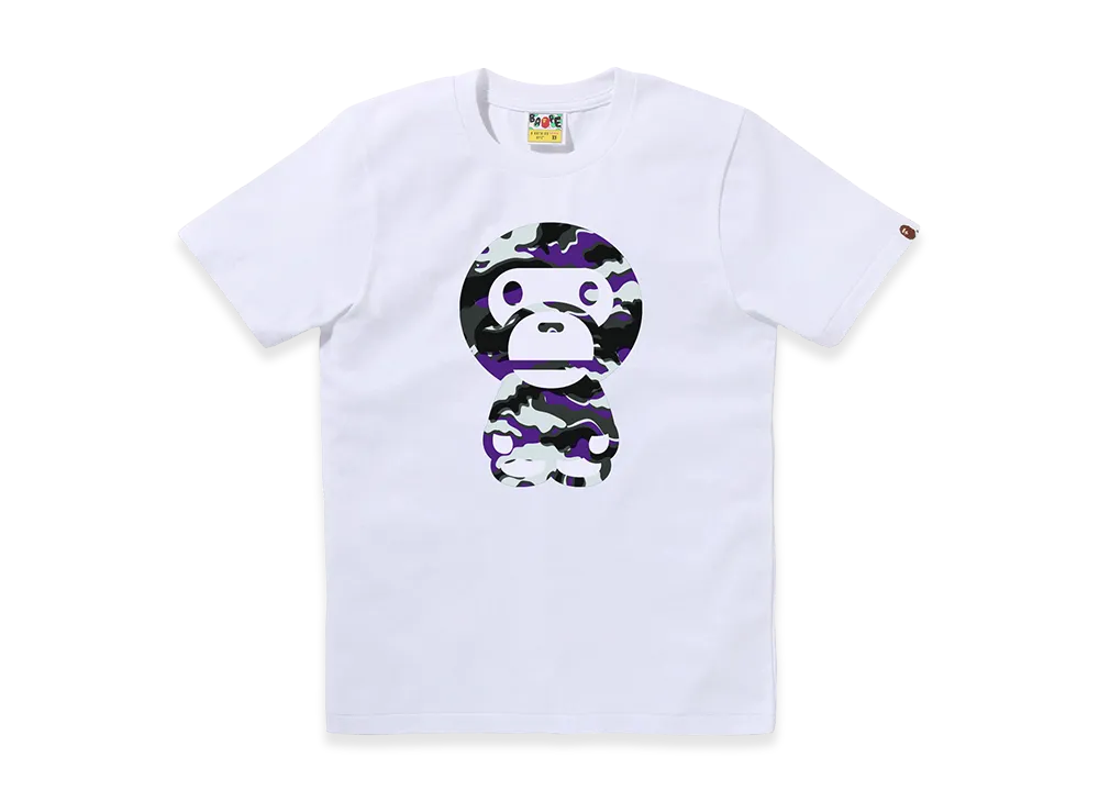 A BATHING APE Women's Glitch Woodland Camo Big Baby Miro Tee "White/Purple"