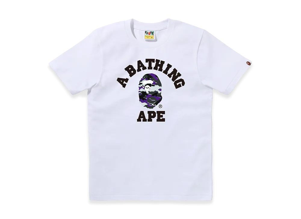 A BATHING APE Women's Glitch Woodland Camo College Tee "White/Purple"