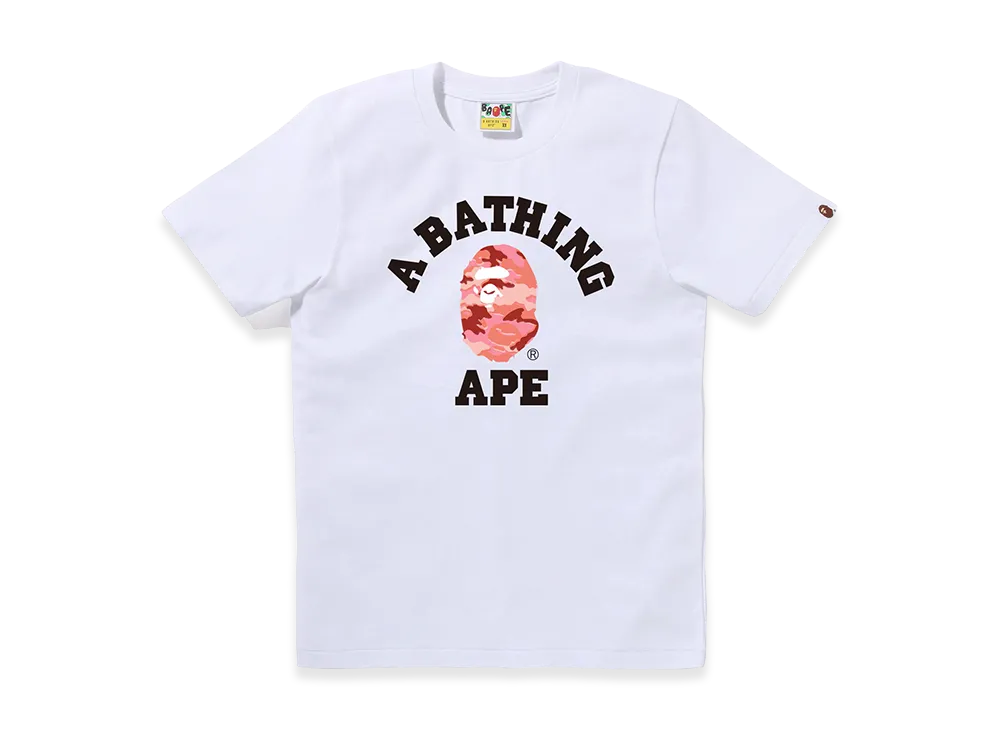 A BATHING APE Women's Glitch Woodland Camo College Tee "White/Pink"