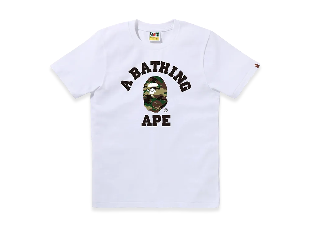 A BATHING APE Women's Glitch Woodland Camo College Tee "White/Green"