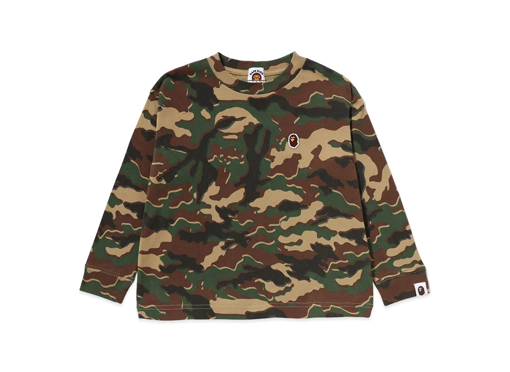 A BATHING APE Kids Glitch Woodland Camo One Point Relaxed Fit L/S Tee "Green"