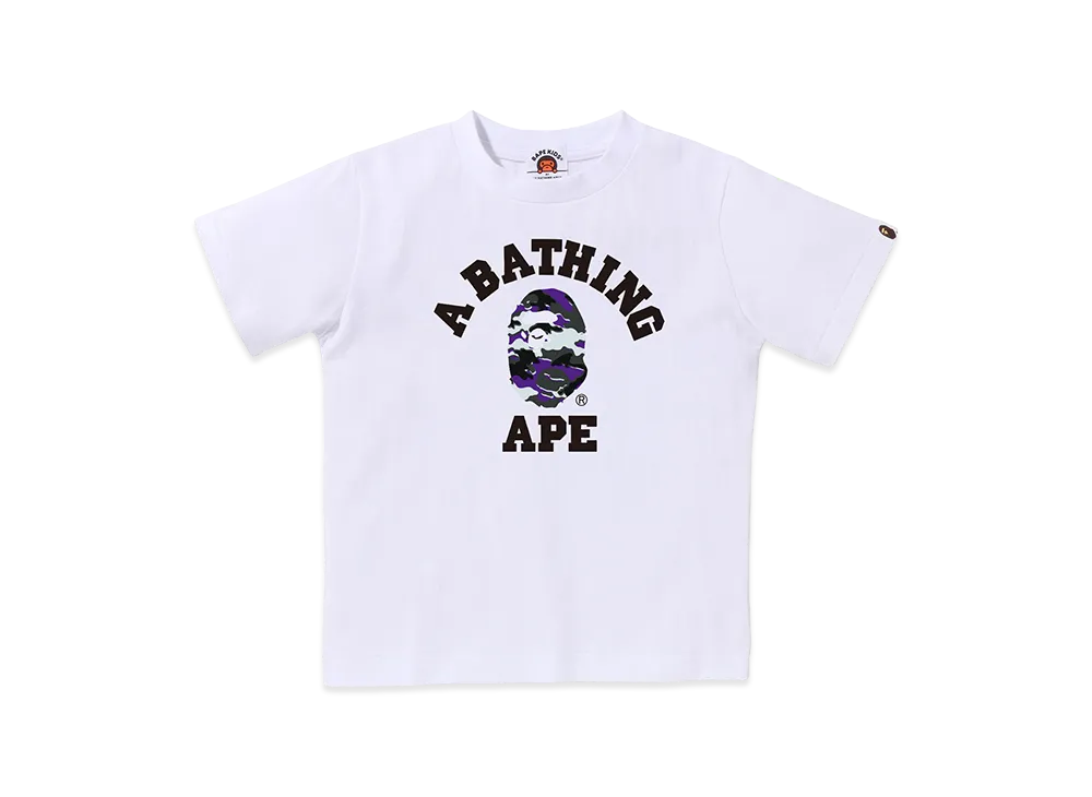 A BATHING APE Kids Glitch Woodland Camo College Tee "White/Purple"