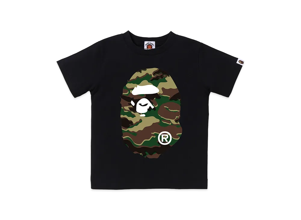 A BATHING APE Kids Glitch Woodland Camo Big Ape Head Tee "Black/Green"