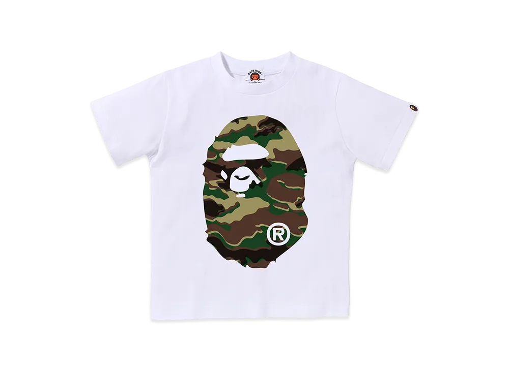 A BATHING APE Kids Glitch Woodland Camo Big Ape Head Tee "White/Green"