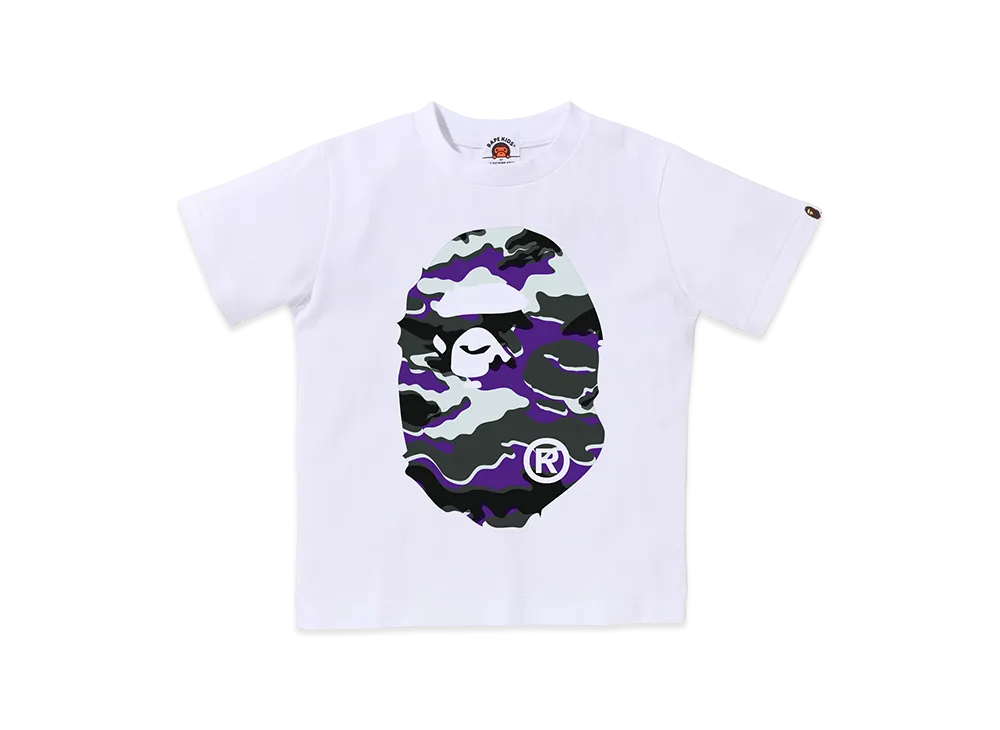 A BATHING APE Kids Glitch Woodland Camo Big Ape Head Tee "White/Purple"