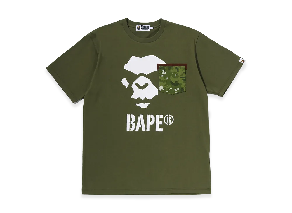 A BATHING APE Multi Pixel Camo Mad Ape Face Pocket Tee "Olive"