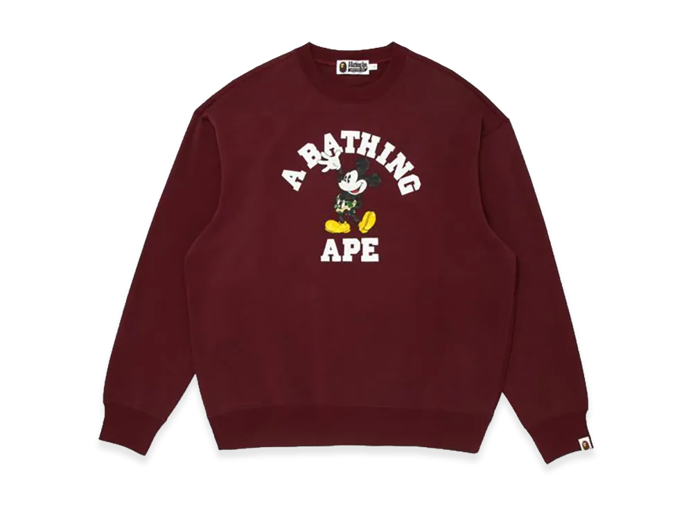 A BATHING APE x Disney Mickey Mouse College Relaxed Fit Crewneck "Burgundy"