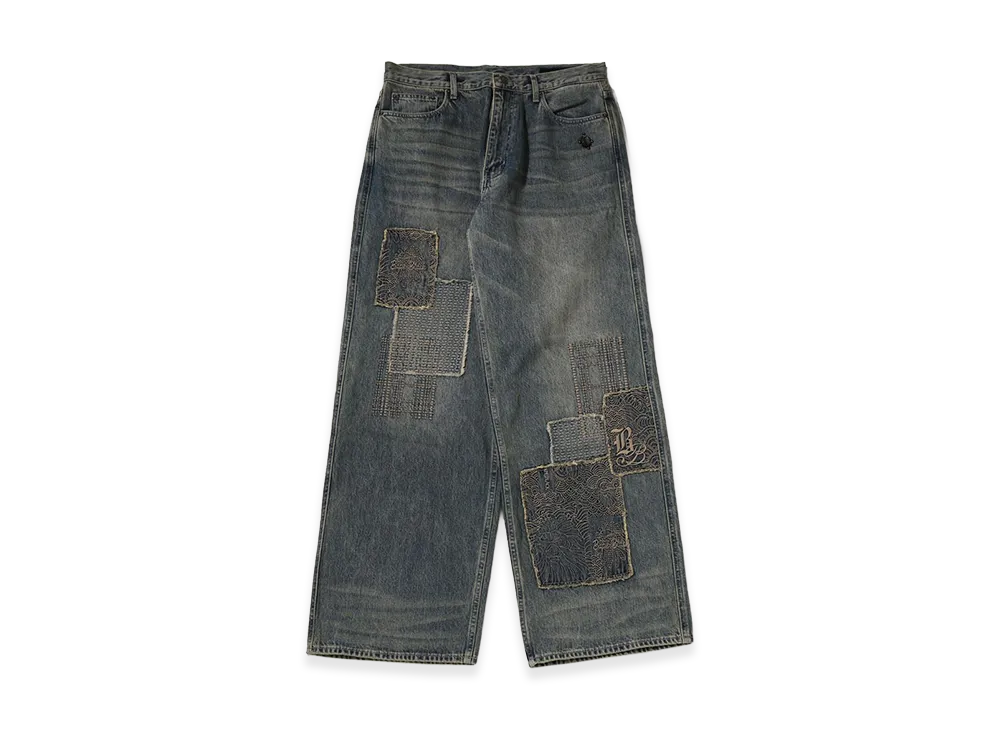 A BATHING APE Bape Black Sashiko Patchwork Jeans "Lightindi"