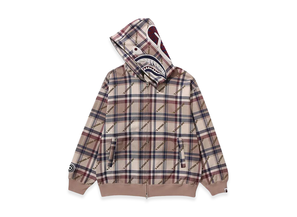 A BATHING APE Bape Logo Check Pattern Shark Full Zip Hoodie "Beige"