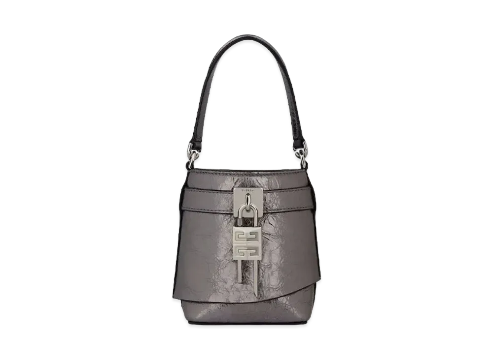 GIVENCHY Micro Shark Lock Bucket Bag In Laminated Leather "Silver Grey"