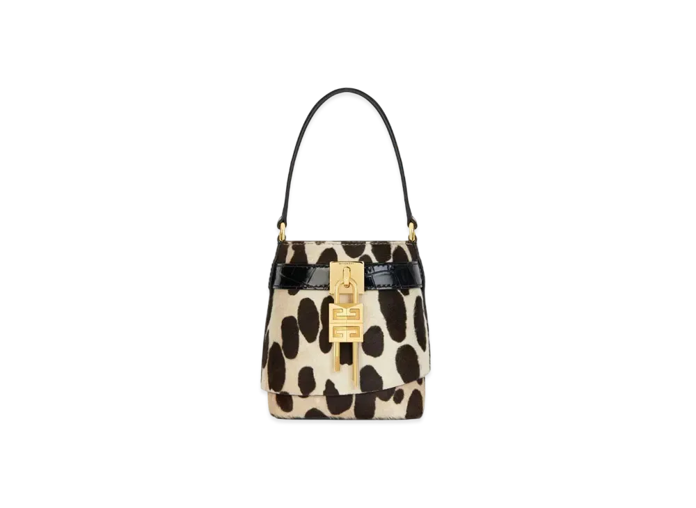 GIVENCHY Micro Shark Lock Bucket Bag In Leopard Print Pony Leather "Black/Beige"