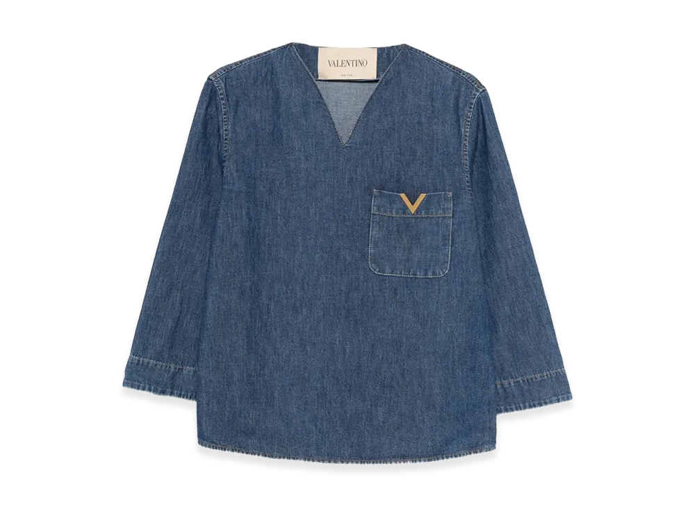 Valentino Women's V-Neck Denim Shirt With Logo "Medium"