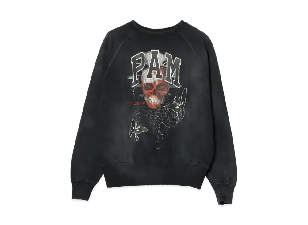 BEAMS x P.A.M. x CANNABIS Damege Flocky Print Crewneck Sweat "Black"