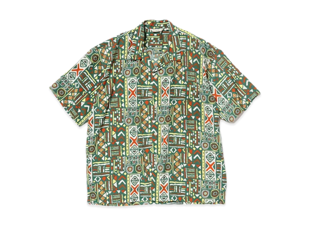 BEAMS Geometric Print Open Collar Shirt "Green"