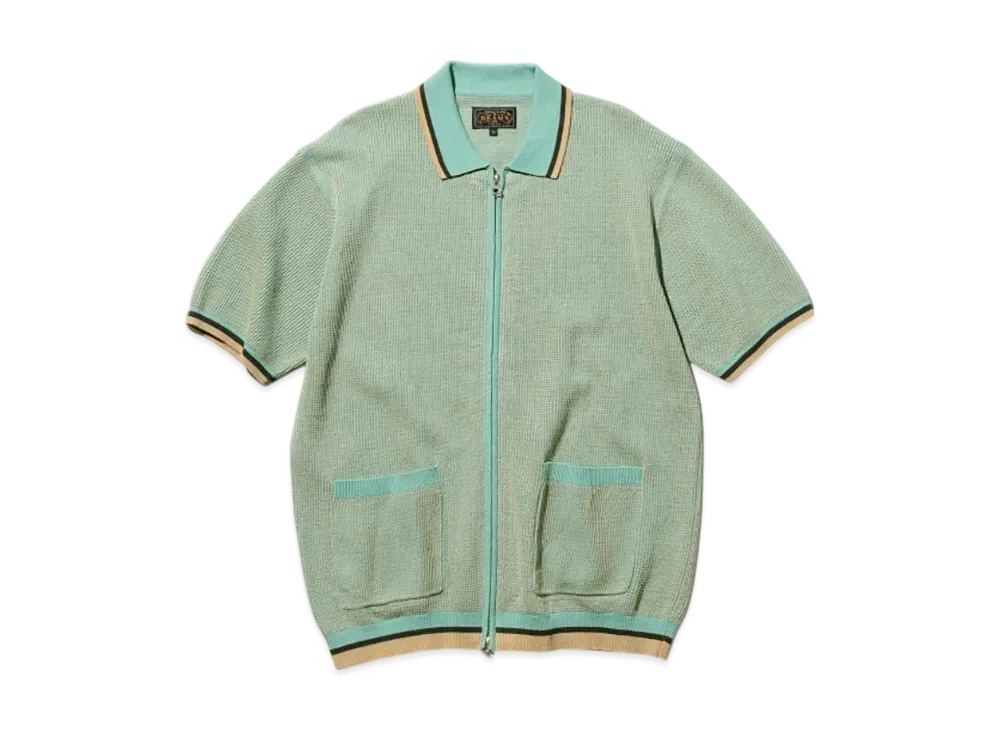 BEAMS Zip Knit Polo Solid "Sax"