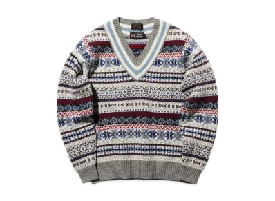 BEAMS Exclusive gim / Fair Isle Cricket V-Neck Knit "Gray"