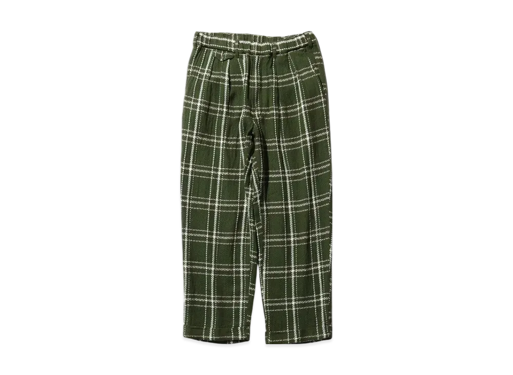 BEAMS 2 Pleats Relax Trousers Loose Weave Plaid "Green"