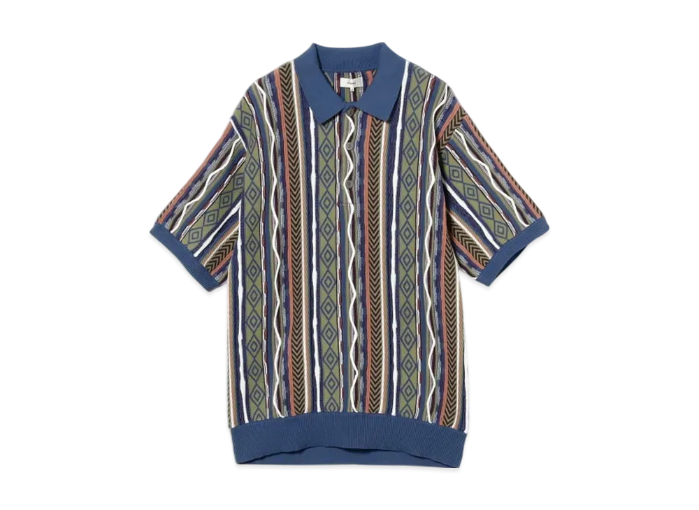 BEAMS 3D Striped Knit Polo Shirt "Blue"