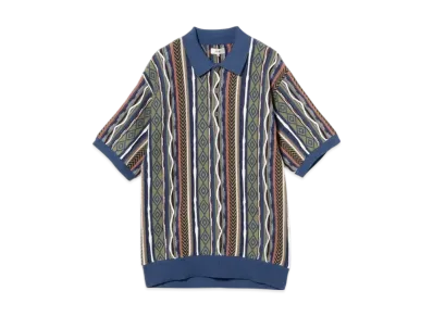 BEAMS 3D Striped Knit Polo Shirt "Blue"