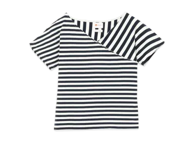 BEAMS Woman Asymmetry Border T-Shirt "OffWhite"