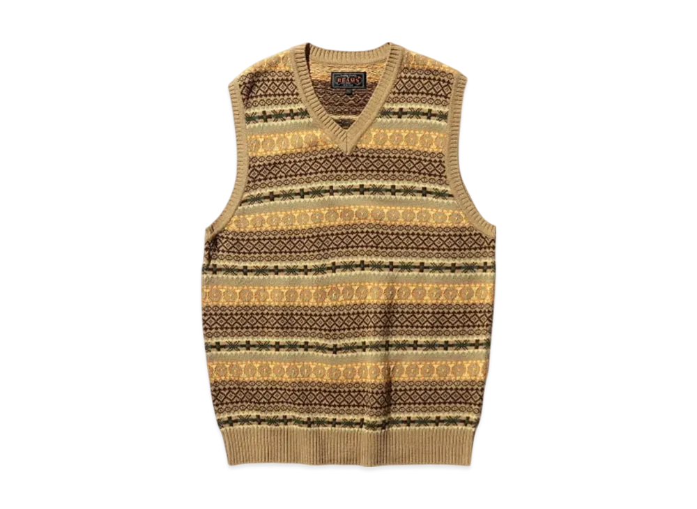 BEAMS Cotton (Linen) Vest Fair Isle Pattern "Khaki"