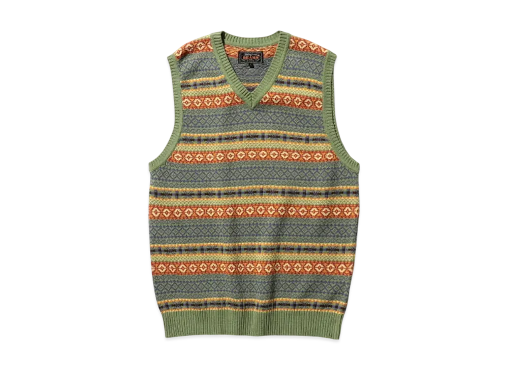BEAMS Cotton (Linen) Vest Fair Isle Pattern "Green"
