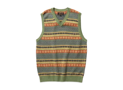 BEAMS Cotton (Linen) Vest Fair Isle Pattern "Green"