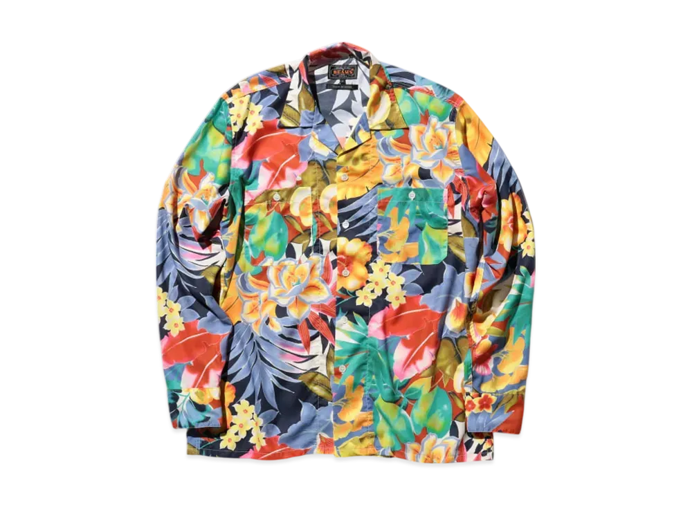 BEAMS MIL Open Collar Tropical Pattern Print "Navy"