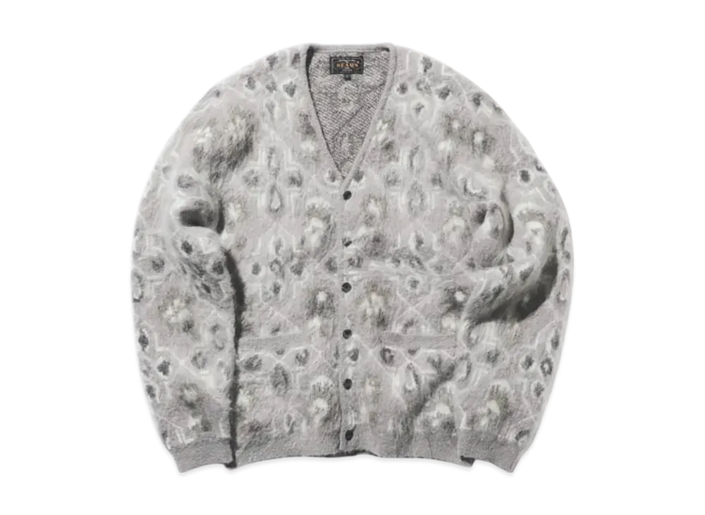 BEAMS Cardigan Double Jacquard Botanical Pattern "Gray"