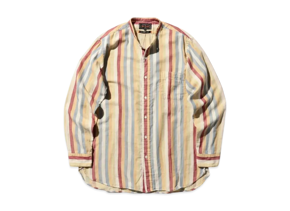 BEAMS Band Collar Classic fit Multi Stripe Double Gauze "Beige"