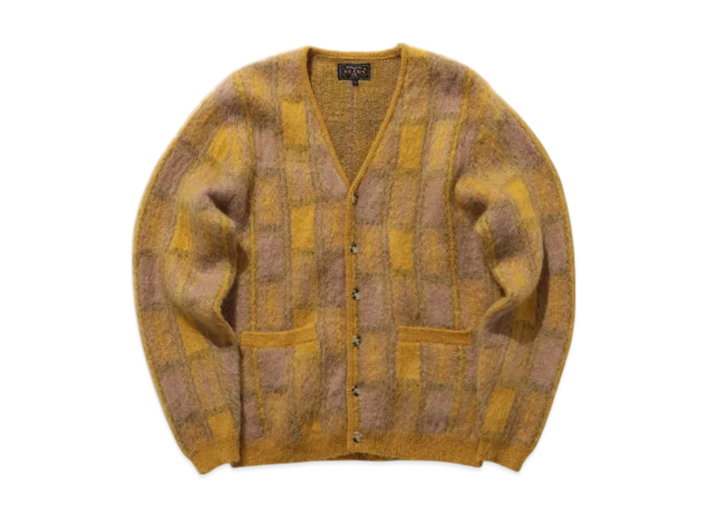 BEAMS Cardigan Double Jacquard Check Pattern "Yellow"