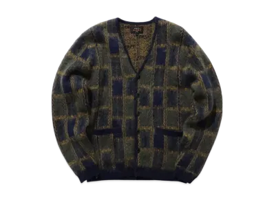 BEAMS Cardigan Double Jacquard Check Pattern "Navy"