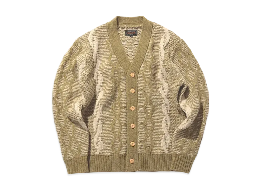 BEAMS Cardigan Heavy Cable Pattern "Olive"