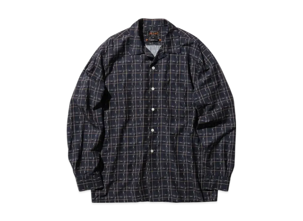 BEAMS Open Collar Cotton Rayon Print "Navy"