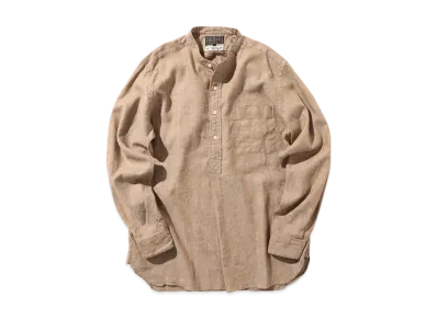 BEAMS Band Collar Pullover Cotton Linen Herringbone "Khaki"
