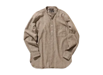 BEAMS Band Collar Pullover Cotton Linen Herringbone "Brown"
