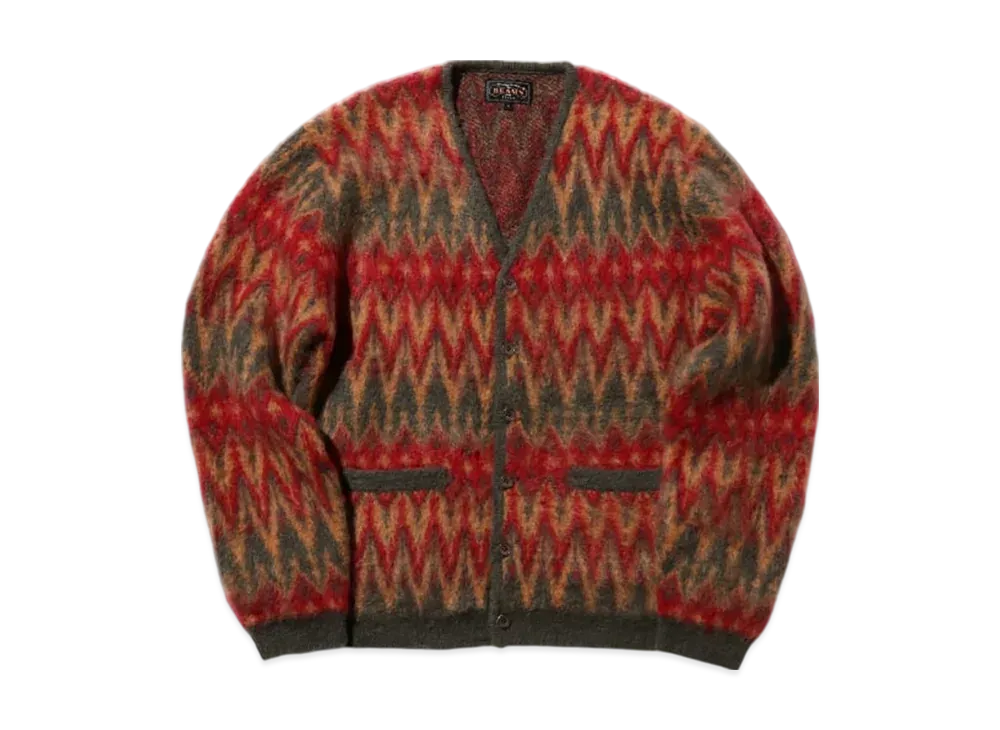 BEAMS Cardigan Double Jacquard Chevron Pattern "Green"
