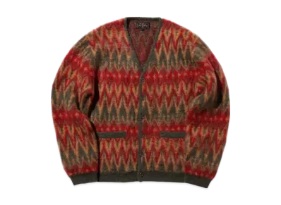 BEAMS Cardigan Double Jacquard Chevron Pattern "Green"