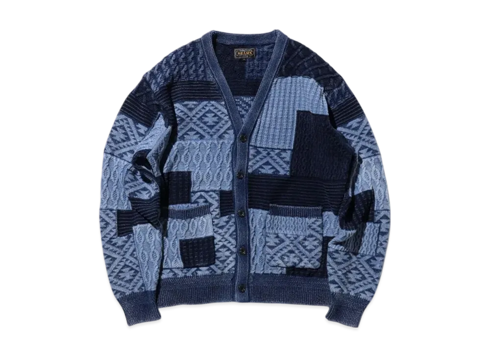 BEAMS Cardigan Indigo Patchwork Like Jacquard "Indigo"