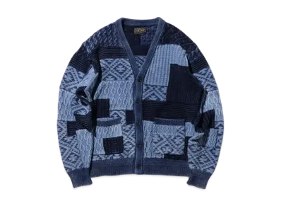 BEAMS Cardigan Indigo Patchwork Like Jacquard "Indigo"
