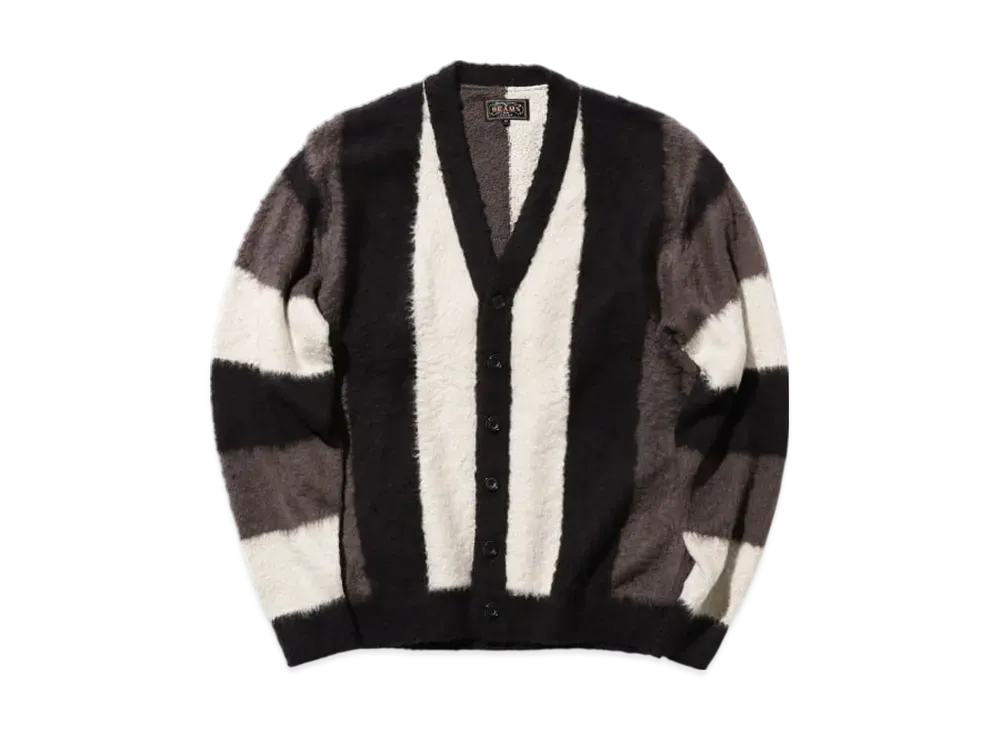 BEAMS Cardigan Stripe Cotton Shaggy "Black"